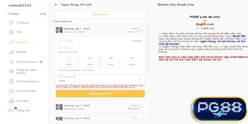 Hướng dẫn nạp tiền PG88 qua ngân hàng